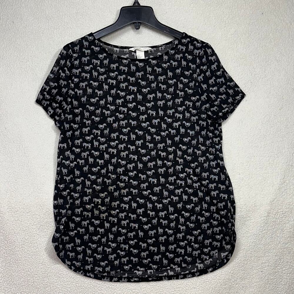 H&M Zebra Print Sheer Blouse Black White Short Sleeve Size Medium